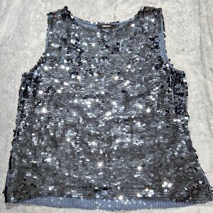DKNY Top Womens Large Blue Silver Silk Full Sequin Sleeveless Blouse Tank Party